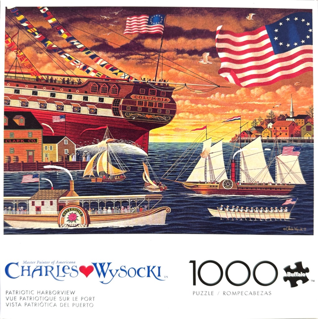 A patriotic harbor scene with 18th-century ships, a steamboat, and American flags against a sunset sky.