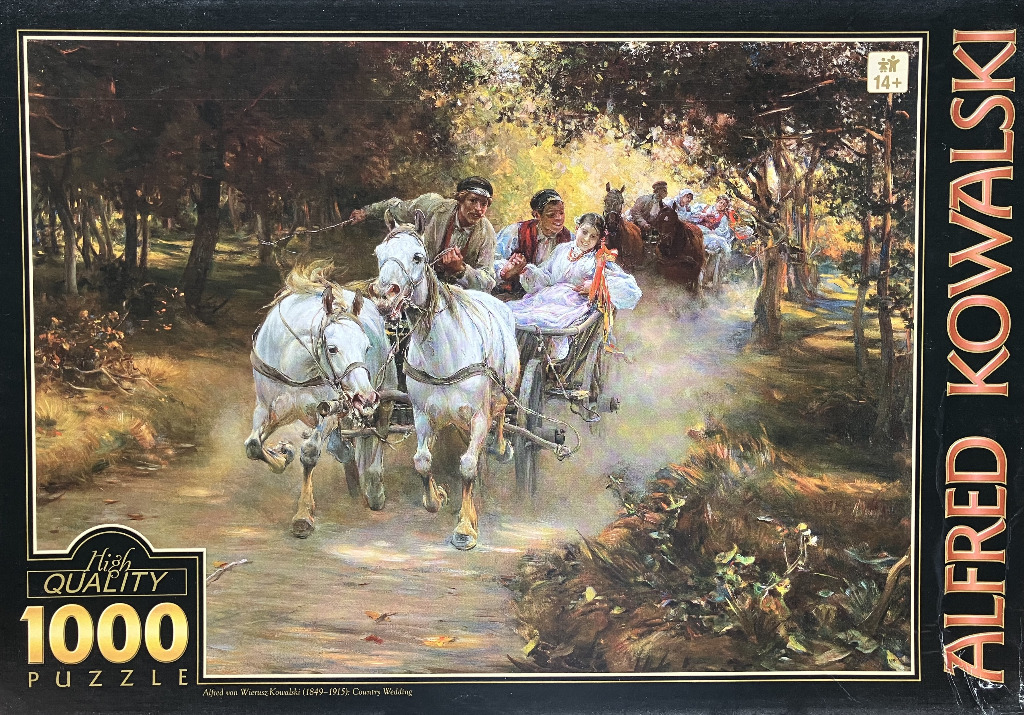 Oil painting of a joyous wedding party riding in a horse-drawn carriage through a forest.