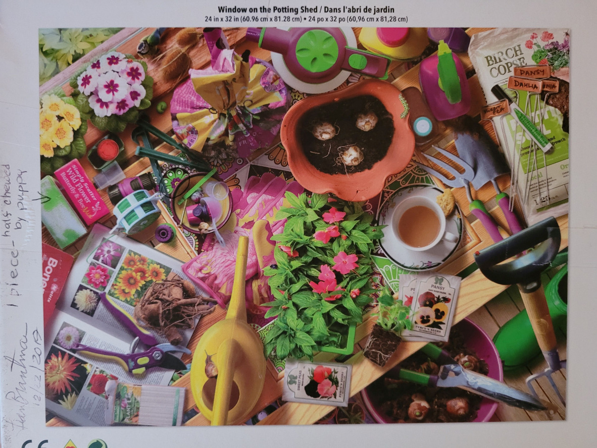 Overhead view of a cluttered garden potting table with flowers, soil, tools, and tea.