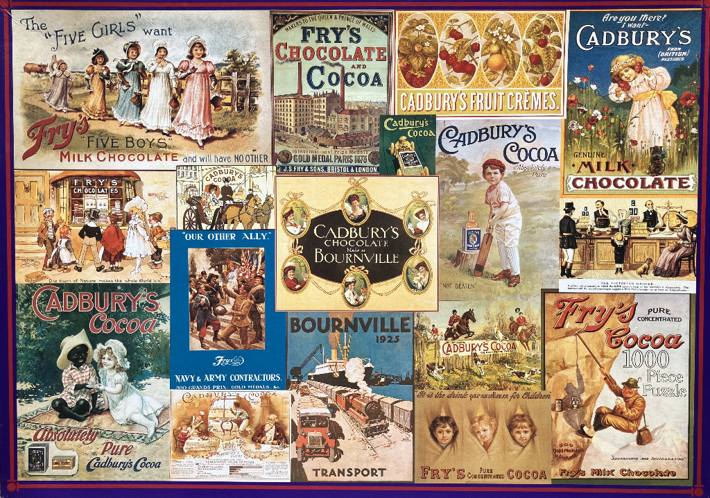 A collage of vintage chocolate and cocoa advertisements featuring Victorian-era illustrations and typography.