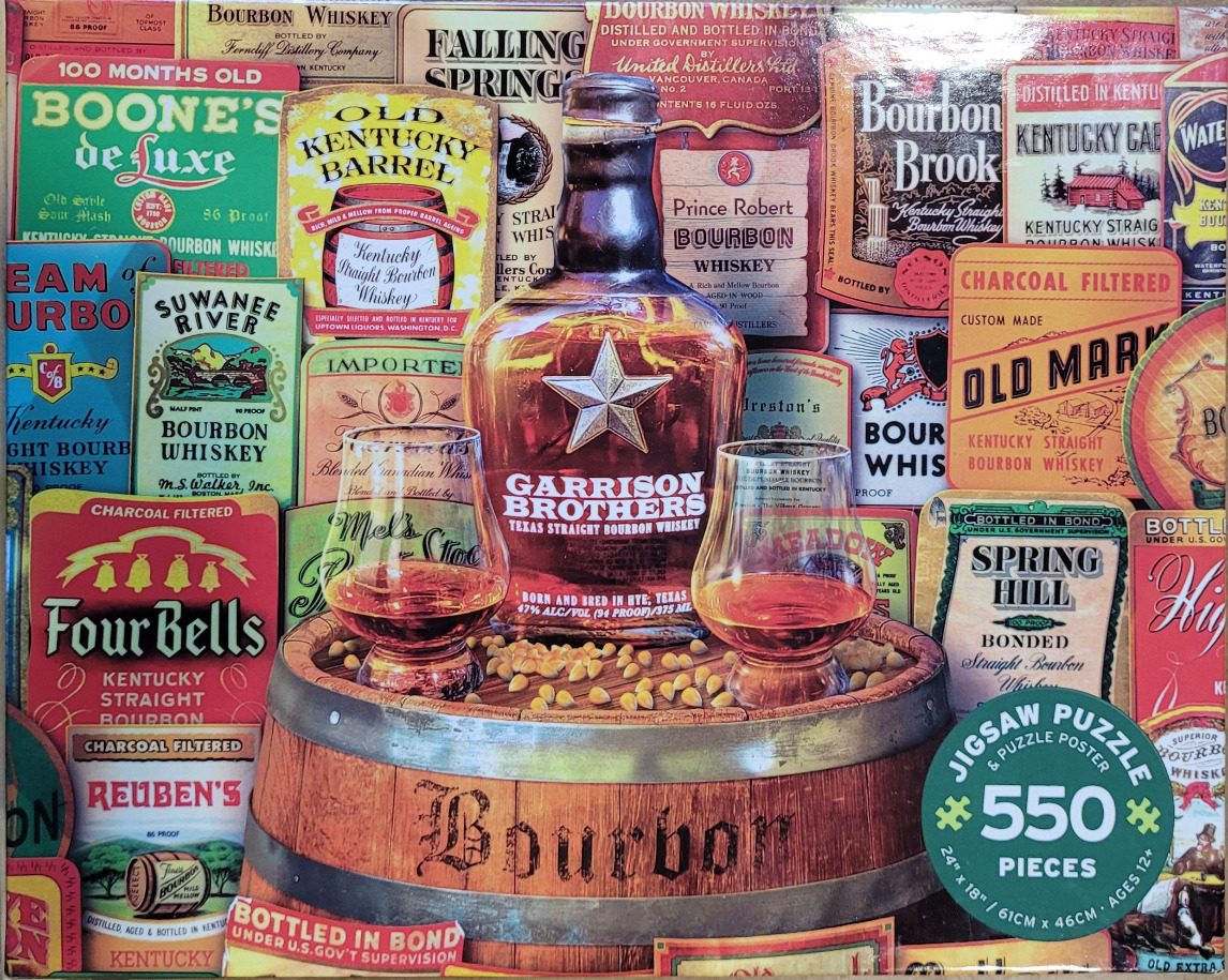 A central bottle of Garrison Brothers bourbon with two glasses on a wooden barrel against a collage of vintage labels.