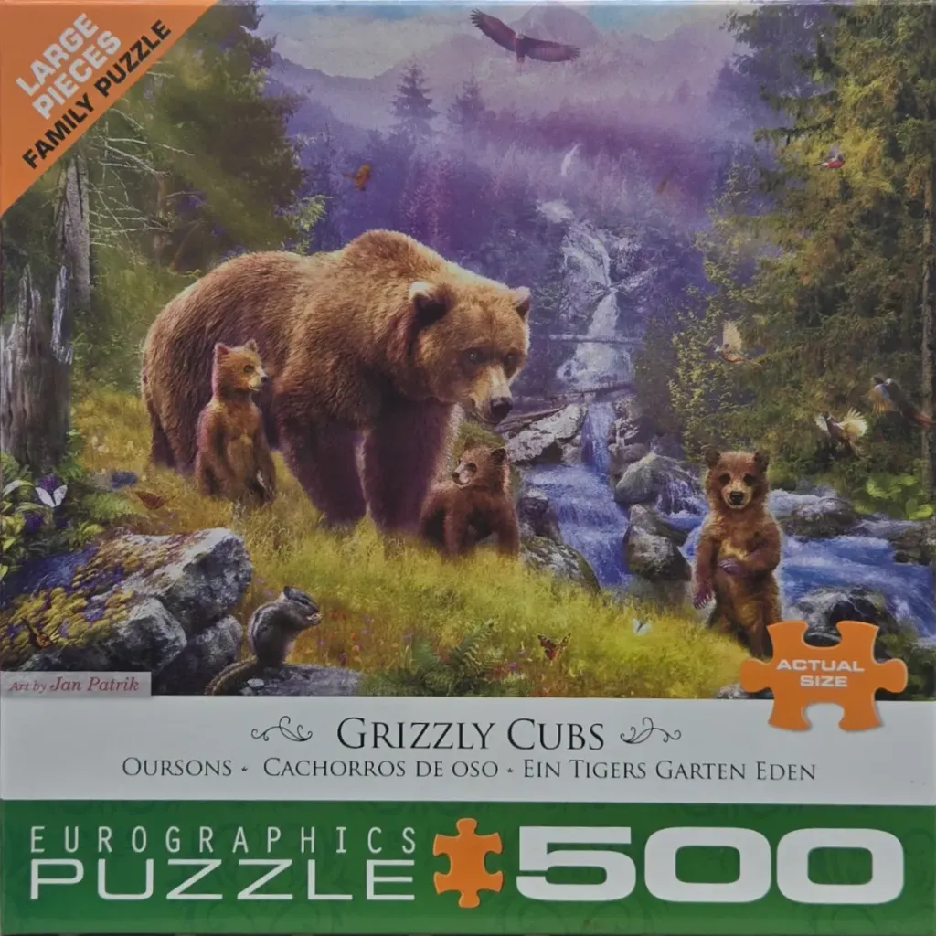A mother grizzly bear with three cubs in a lush mountain forest scene with a waterfall.