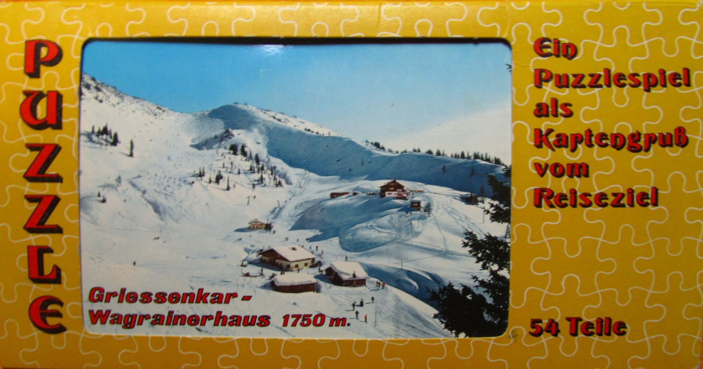 A winter landscape scene of the Griessenkar and Wagrainerhaus in the Austrian Alps.