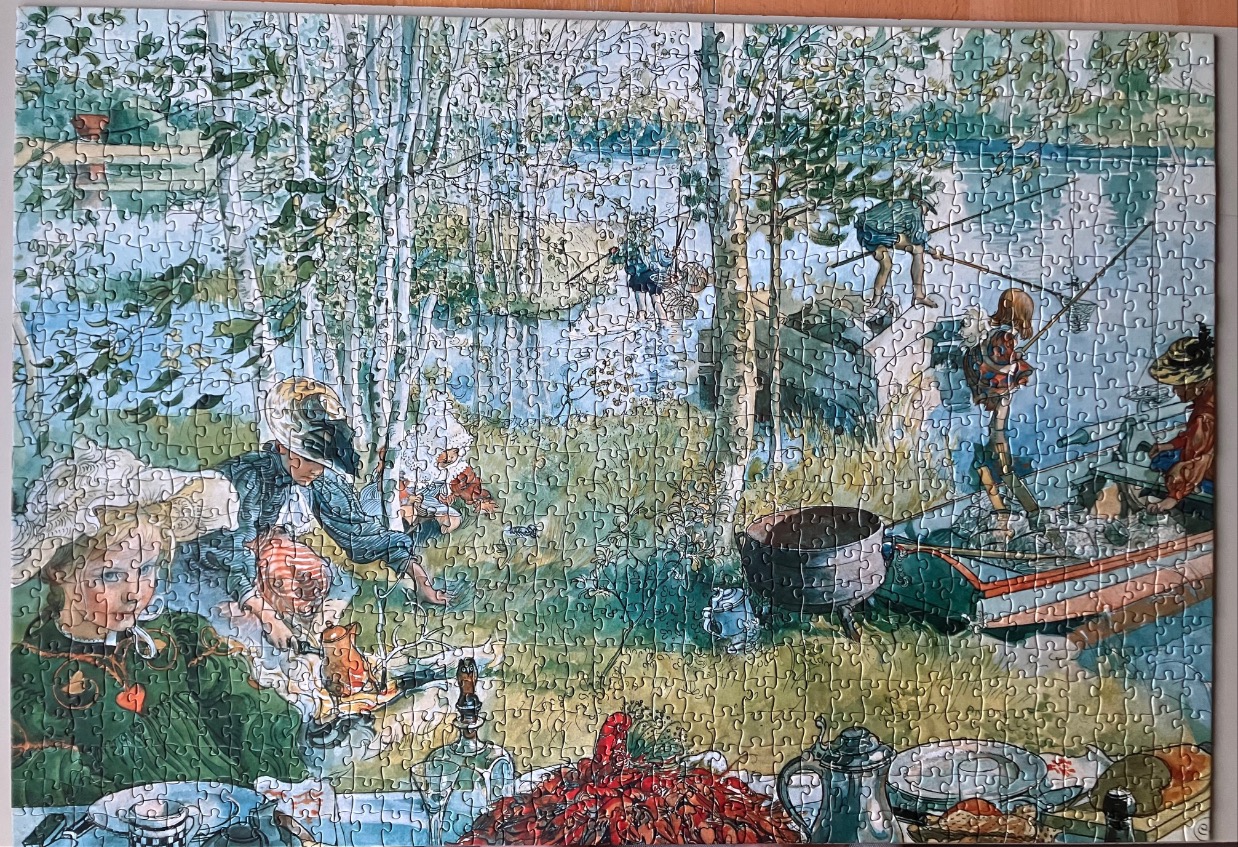Illustration of a lively riverside picnic scene with people, birch trees, and a small boat in a painterly style.