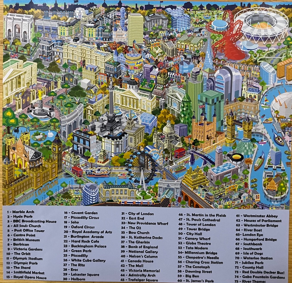 A colorful, high-angle illustration of London landmarks packed together in a stylized map.