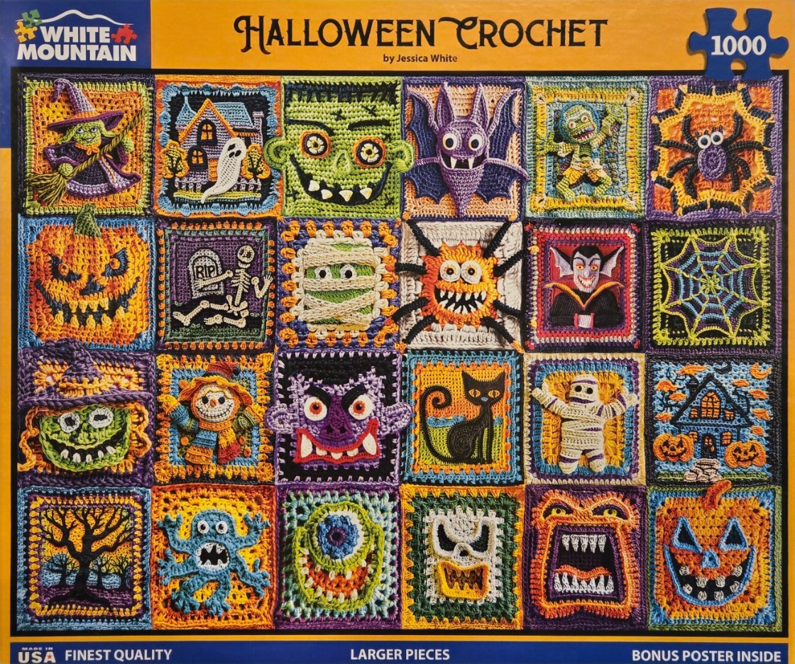 A collage of 20 square crochet panels featuring various Halloween characters and icons in bright, festive colors.