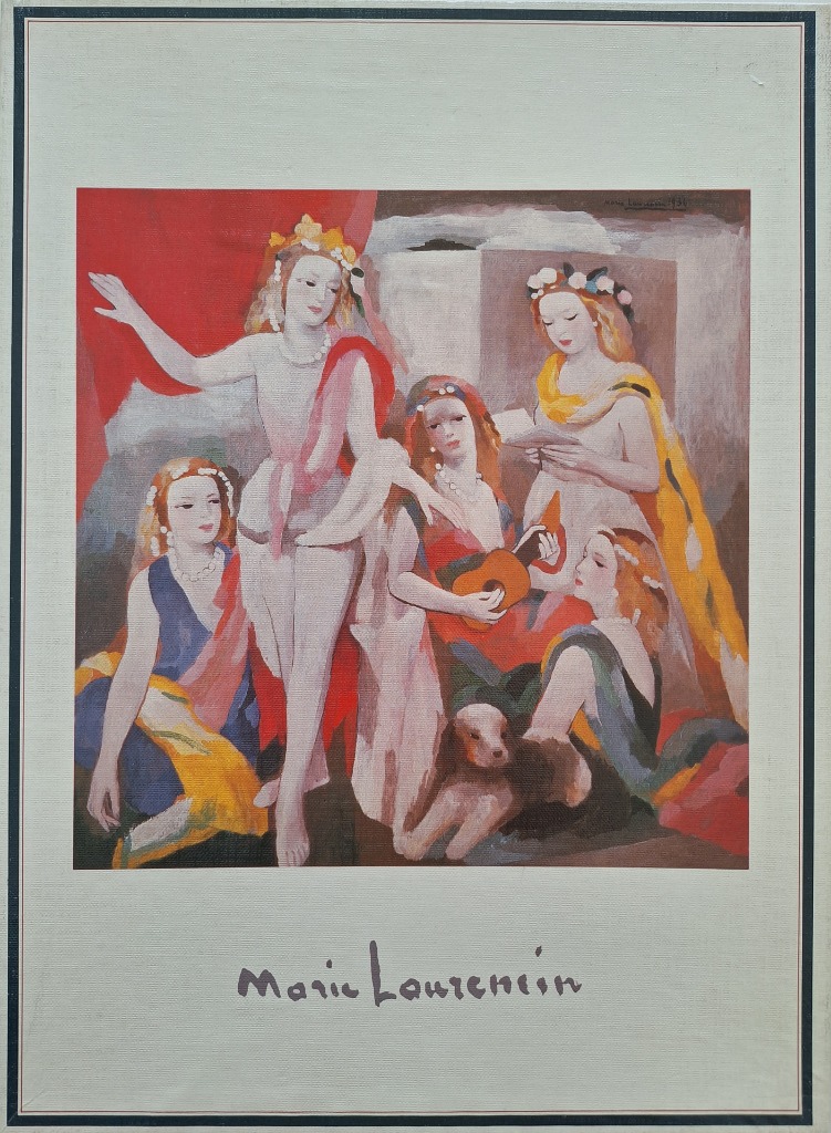 A group of four women and a dog rendered in the dreamlike, pastel style of Marie Laurencin.