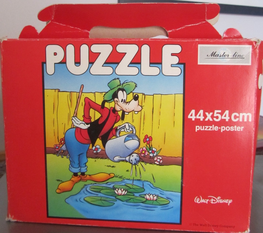 Goofy gardening and watering a lily pond in a colorful cartoon illustration.