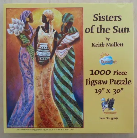 Artistic depiction of three African women standing together against a golden sun background.