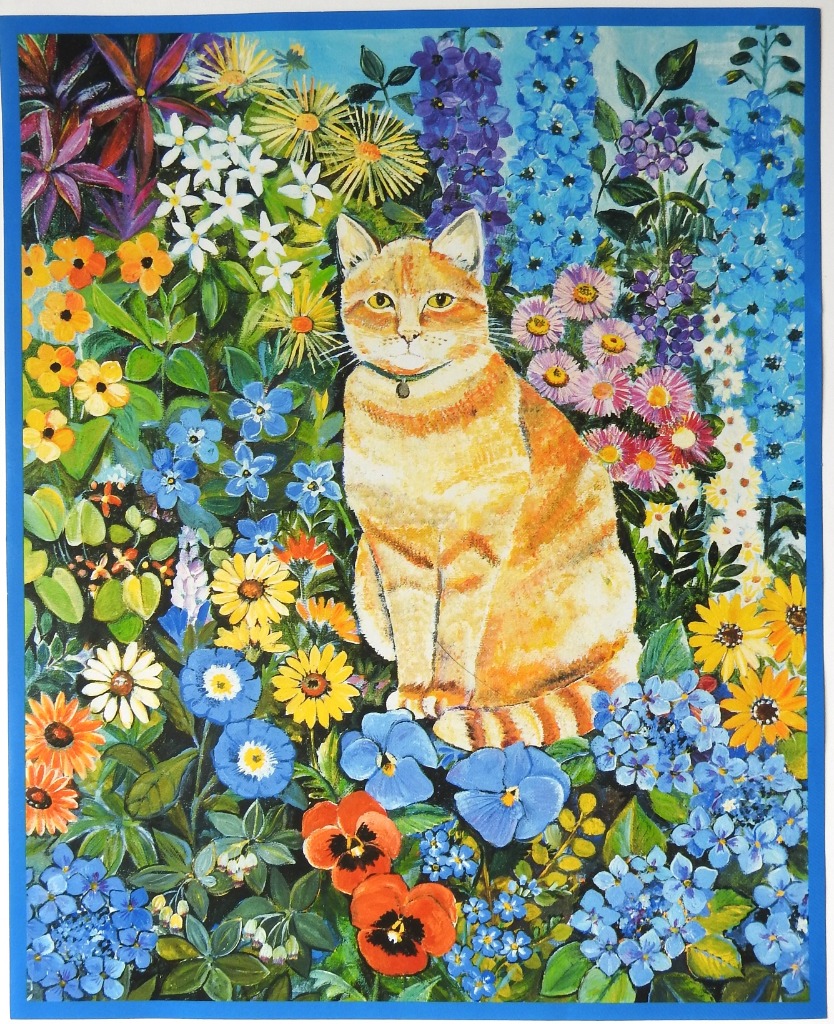 An orange tabby cat sits calmly in a lush, vibrant flower garden filled with blue, yellow, and orange blossoms.