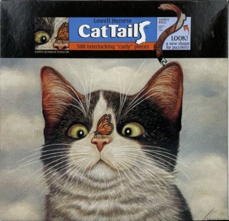 A close-up illustration of a black and white cat with a monarch butterfly perched on its nose against a cloudy sky.