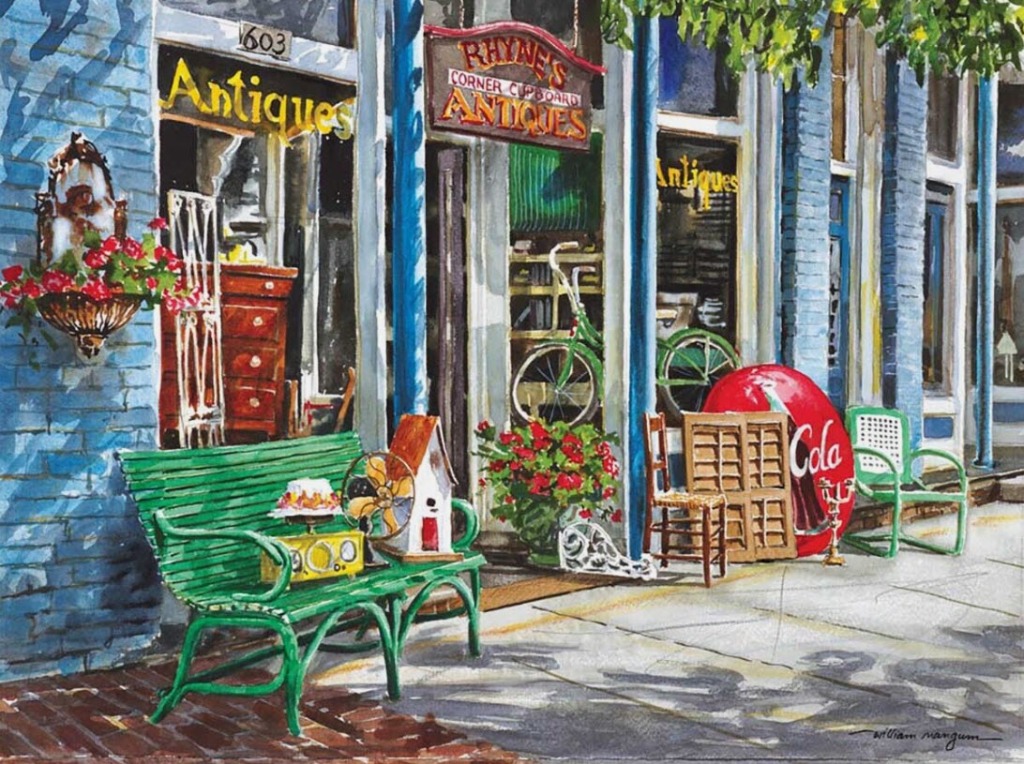 A watercolor painting of a quaint antique shop front on a sunny day.