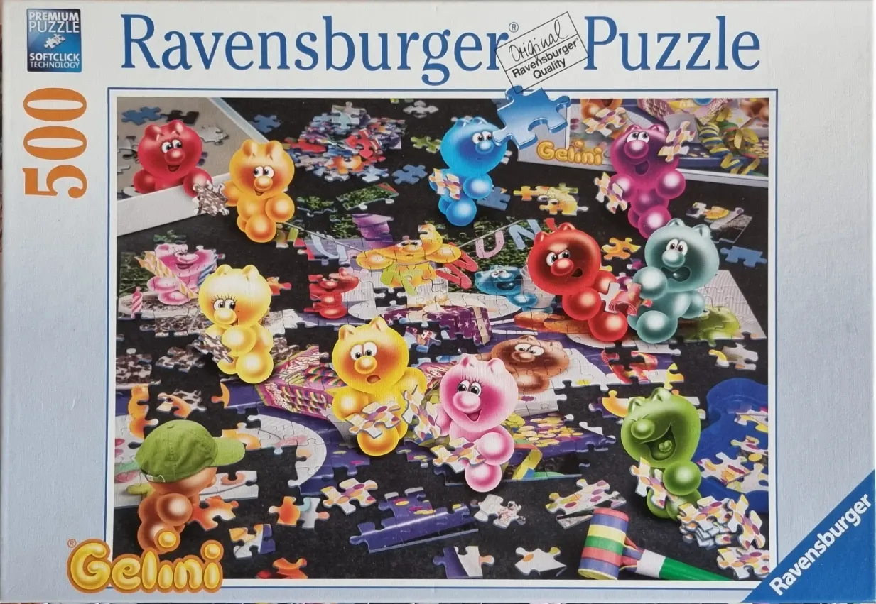 Cartoon gummy-bear like characters interacting with jigsaw pieces on a black surface