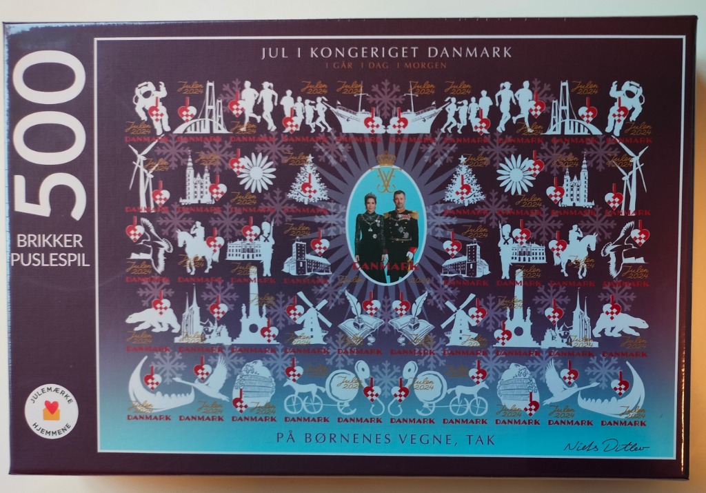 A commemorative illustration of Danish history and the Royal Family surrounded by various icons of Danish culture.