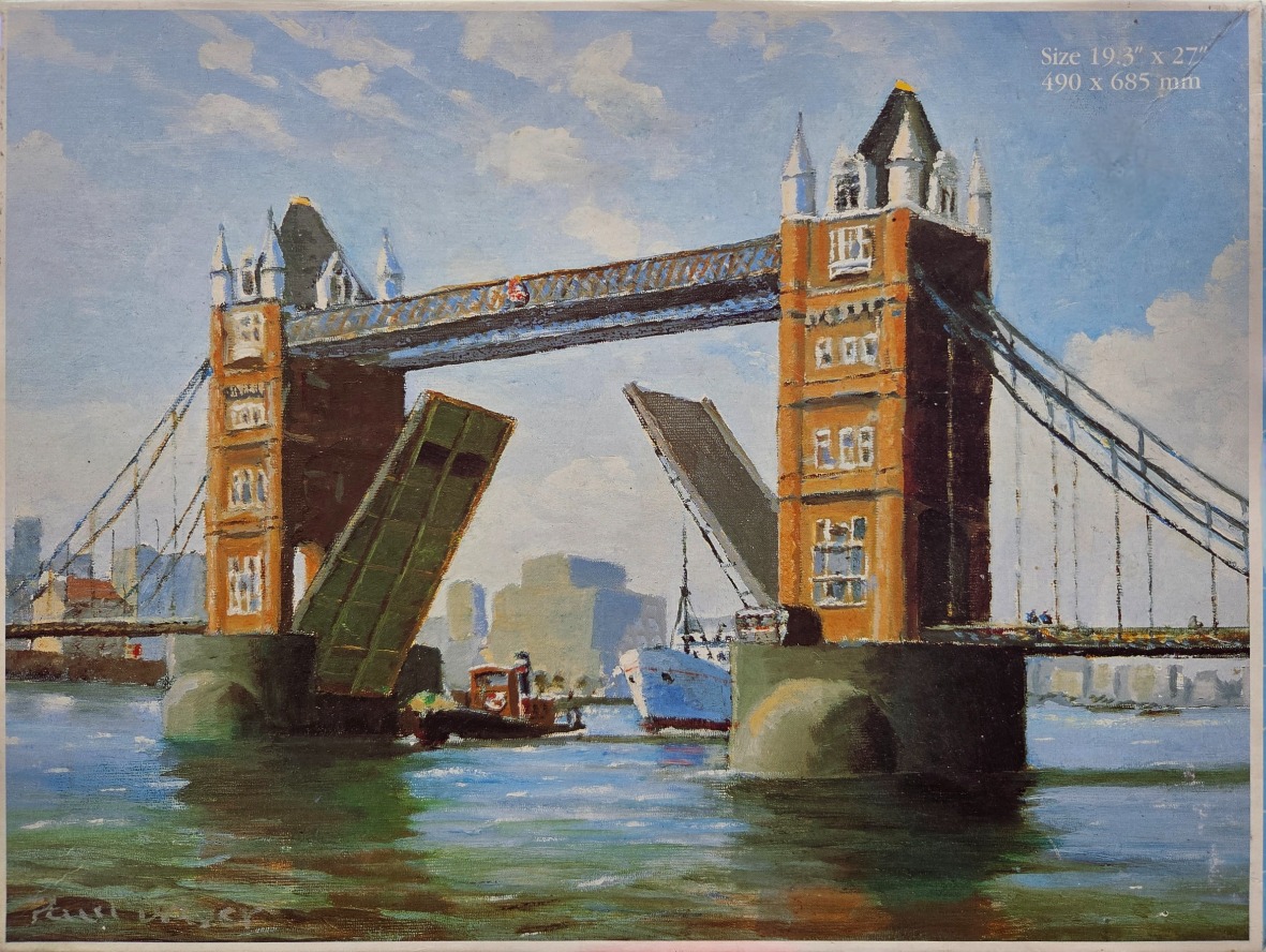 Oil painting of Tower Bridge in London with its bascules raised, over the River Thames.