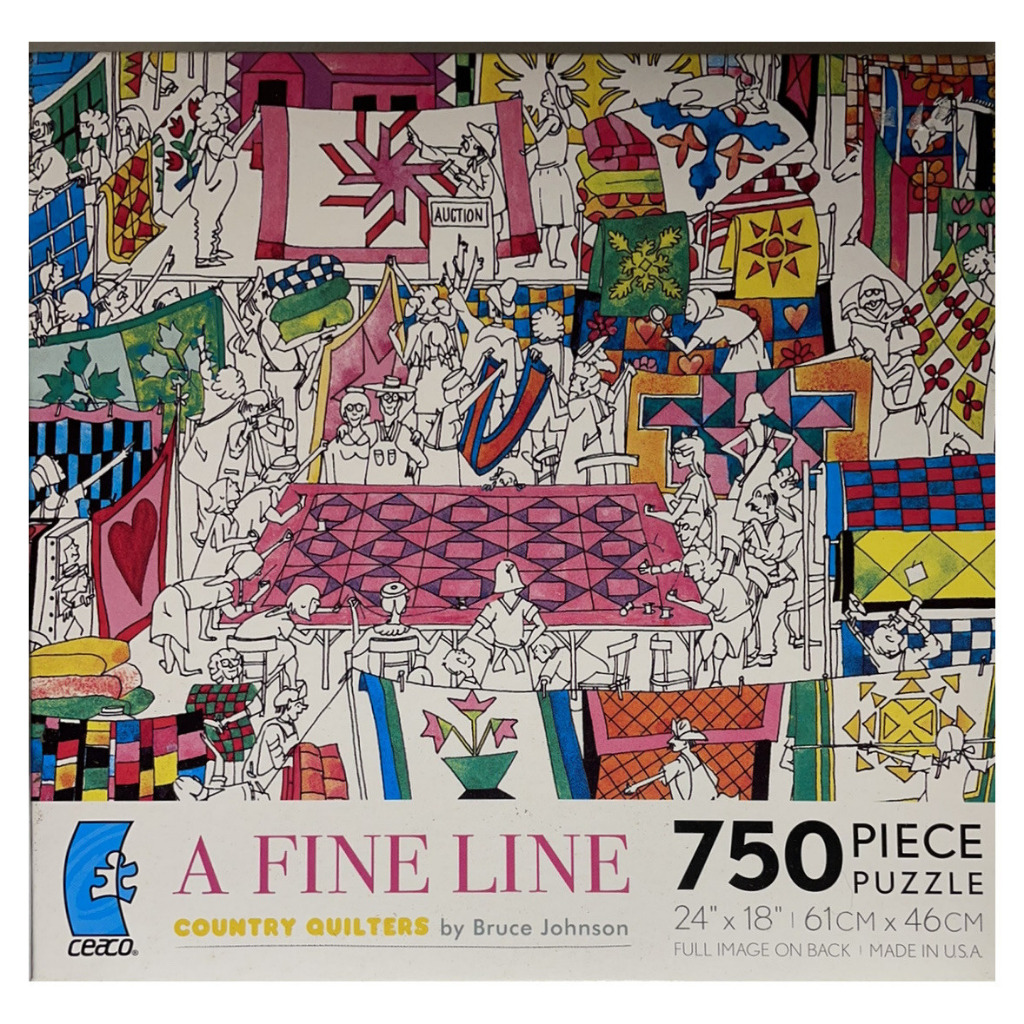 A whimsical illustration of a busy country quilt auction with people examining colorful patchwork quilts.