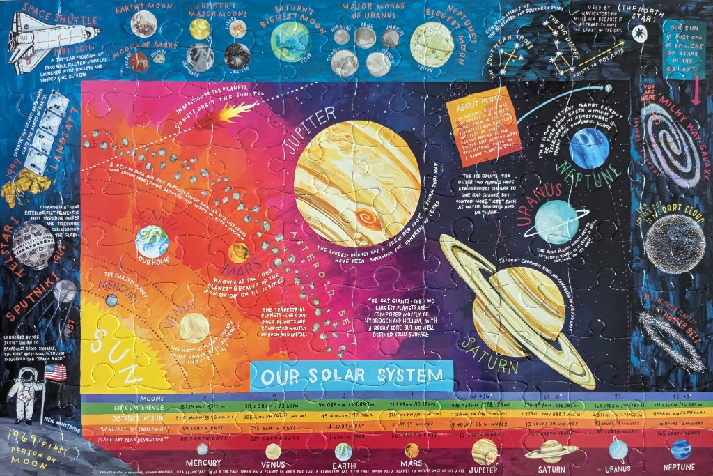 An educational illustrated solar system poster featuring planets, moons, and space exploration facts.