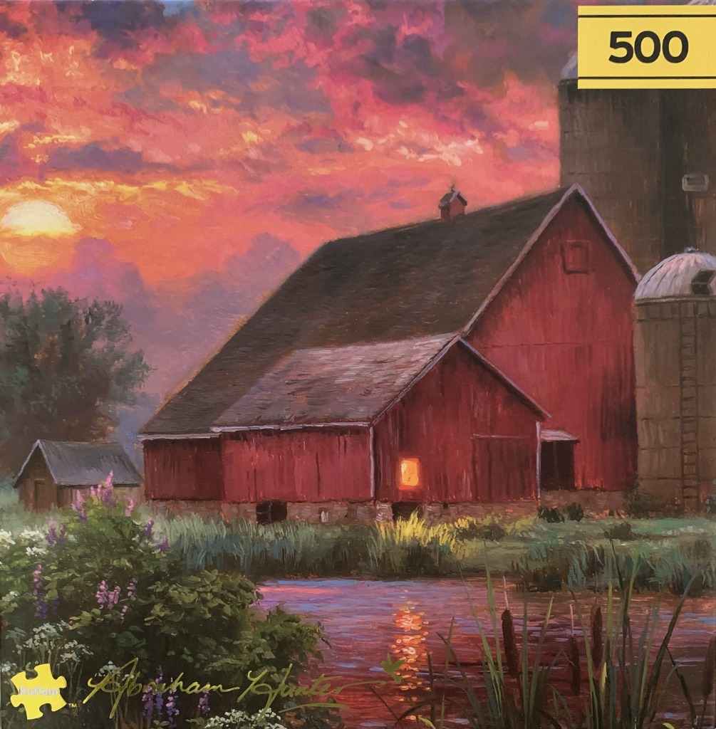 An oil painting of a traditional red barn at sunset with a reflective pond in the foreground.