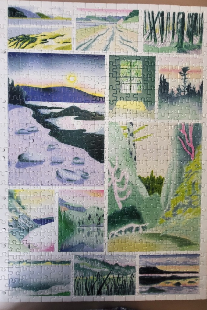 A collage of various landscape illustrations and nature scenes in a soft, impressionistic watercolor style.