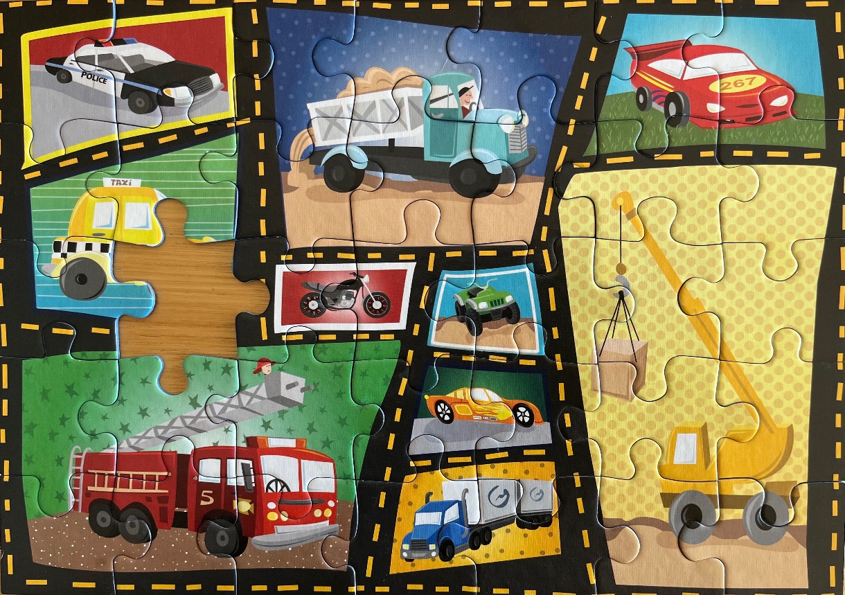 Cartoon illustration featuring various vehicles like a police car, dump truck, race car, taxi, and fire engine.