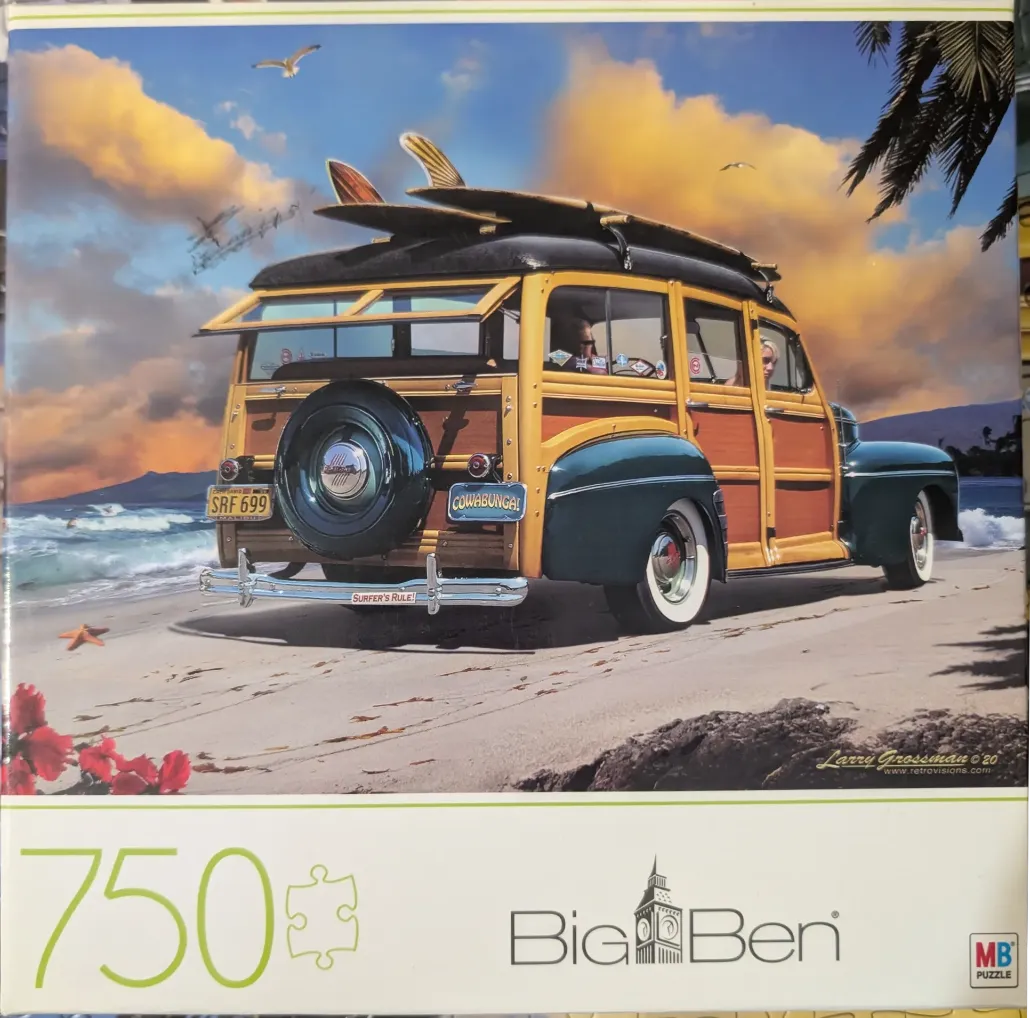 A vintage wooden station wagon with surfboards on top parked on a beach at sunset.