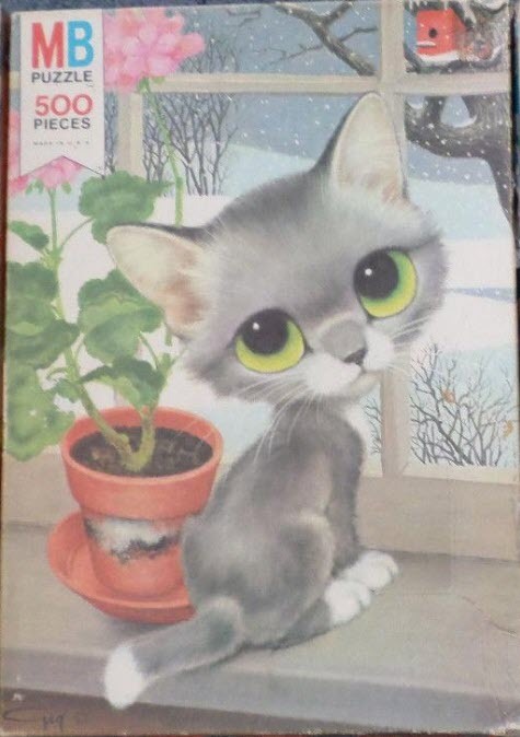 A whimsical illustration of a gray kitten with large green eyes sitting on a windowsill next to a pink potted plant.