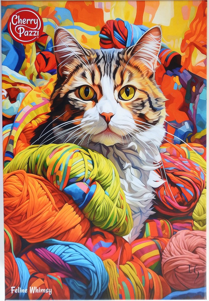 A vibrant digital painting of a tabby cat surrounded by colorful balls of yarn.
