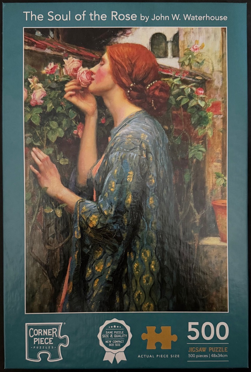 Oil painting of a woman in profile smelling a pink rose against a garden wall.