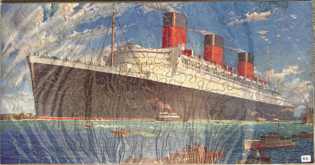 A vintage painting of the ocean liner RMS Queen Mary sailing on the sea with smaller support vessels.