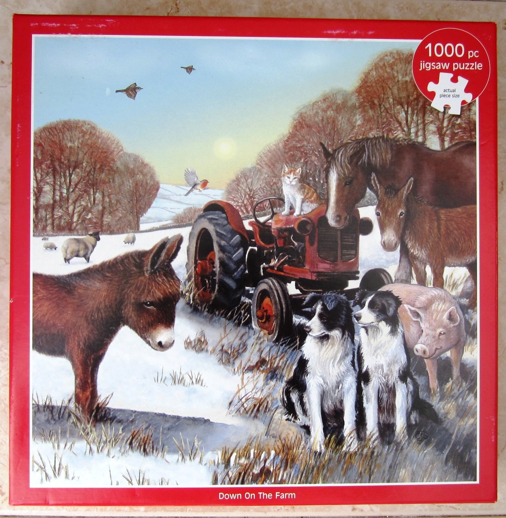 A peaceful farm scene in winter with a red tractor surrounded by various animals including dogs, a horse, and a donkey.