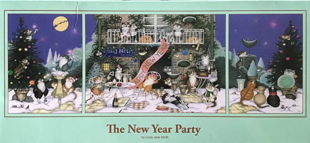A whimsical illustration of many cats celebrating New Year