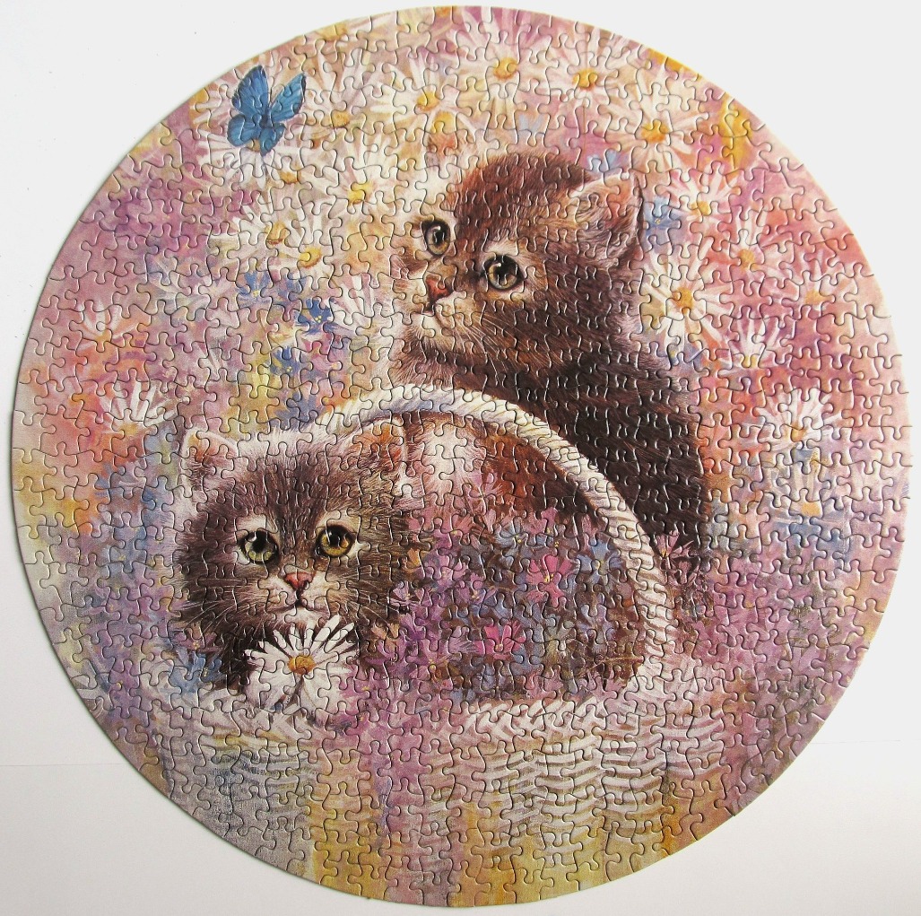 Two fluffy kittens sitting in a woven basket surrounded by colorful wildflowers and a blue butterfly.
