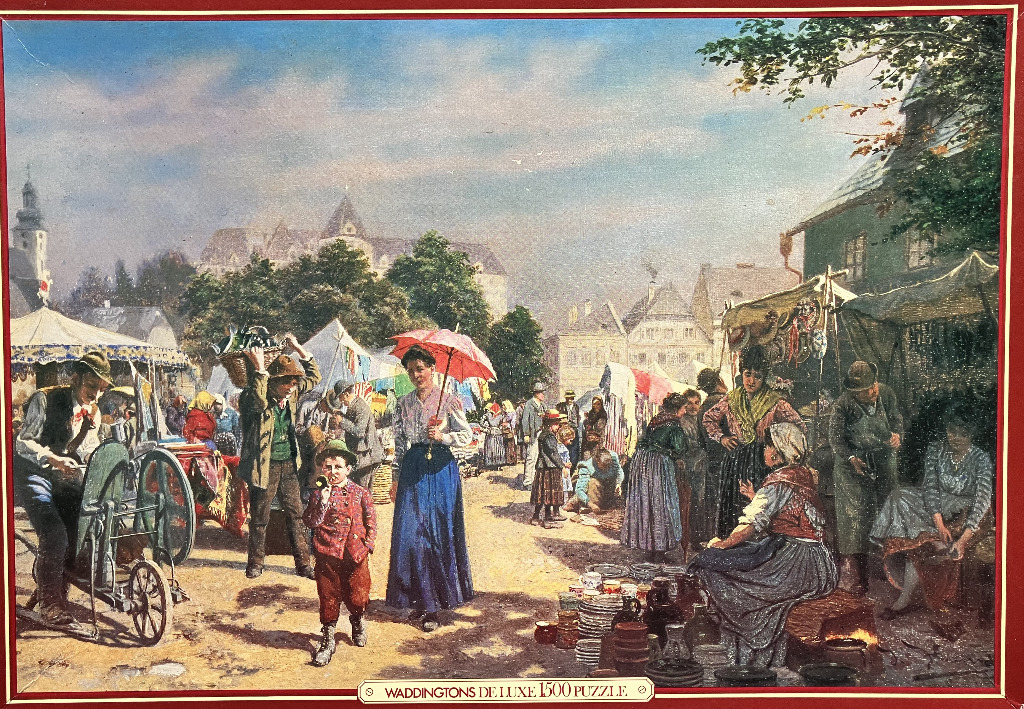 A detailed 19th-century oil painting depicting a bustling European market square with vendors and shoppers.