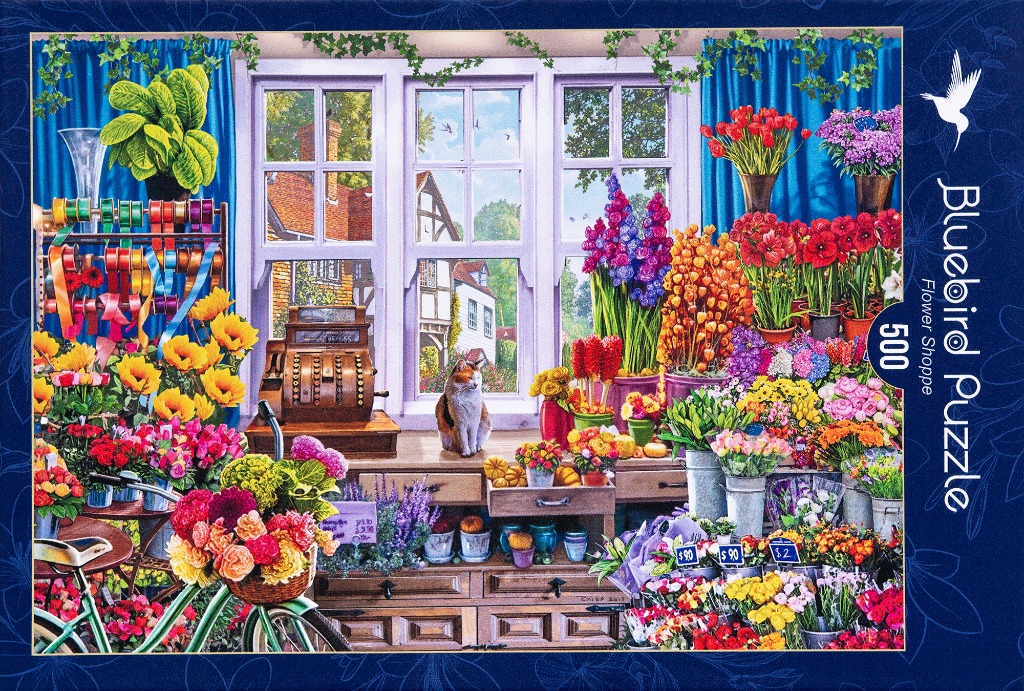 An illustration of a colorful flower shop interior with a cat sitting on a counter in front of a window.