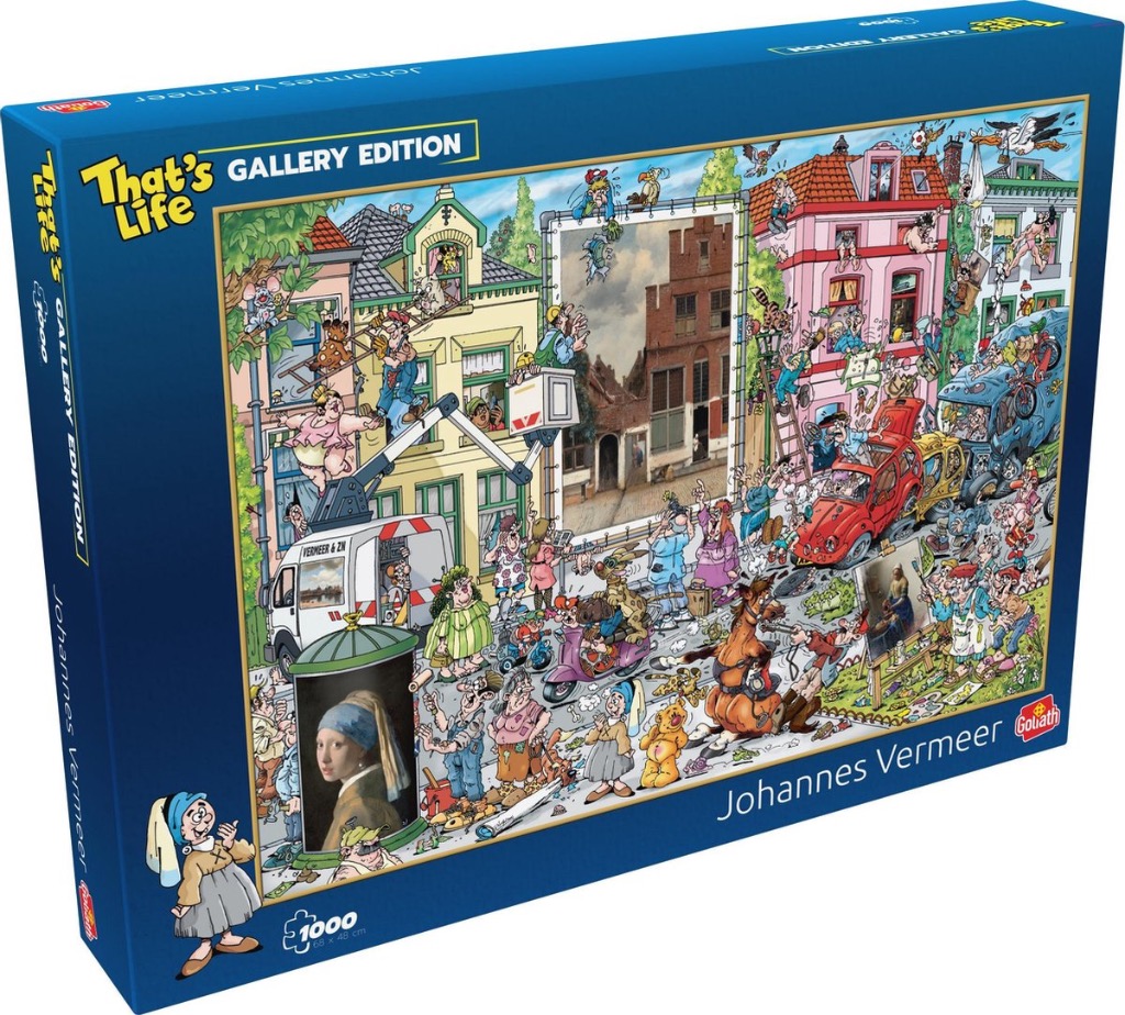 A chaotic, comedic cartoon scene in a Dutch town square, featuring references to the art of Johannes Vermeer.