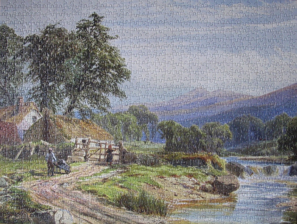 A traditional oil painting of a rural Irish cottage by a river with hills in the background.