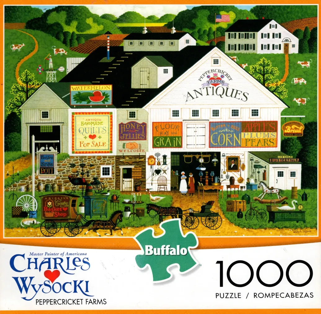 Folk art painting of Peppercricket Farms with an antique shop, farm animals, and a horse-drawn cart in a rural setting.