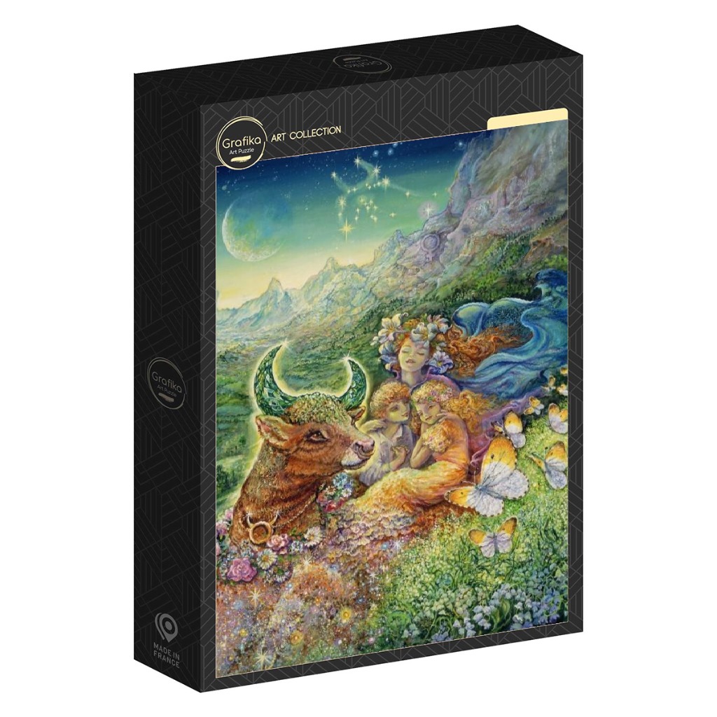 Fantasy illustration of a bull and two ethereal figures in a flowery mountain meadow under a starry sky.
