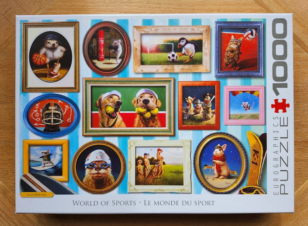 A collection of framed paintings featuring animals engaging in various sports, set against a light blue striped background.