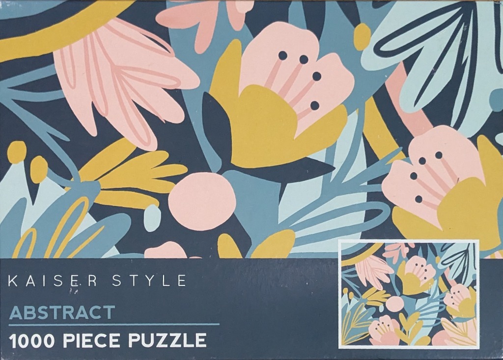 Abstract botanical illustration with soft pink, yellow, and blue floral shapes on a dark navy blue background.