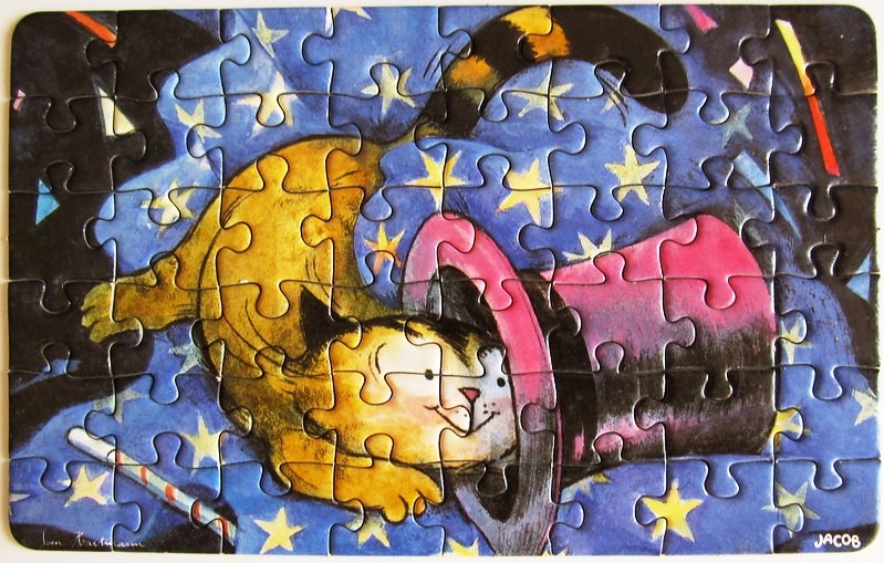A whimsical illustration of a cat peering out of a magician