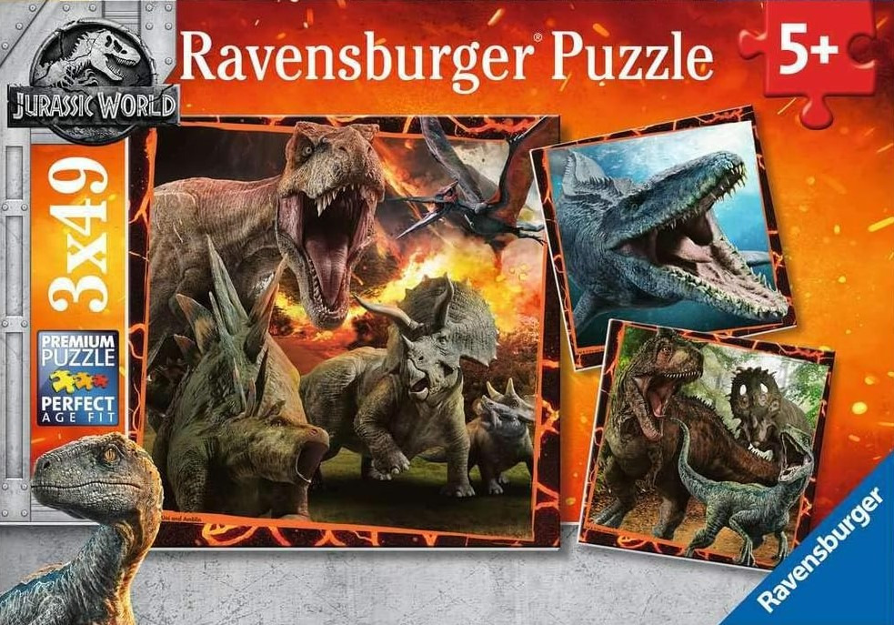 Collage of various dinosaurs, including a T-Rex, triceratops, and mosasaurus, in a dramatic, fiery environment.