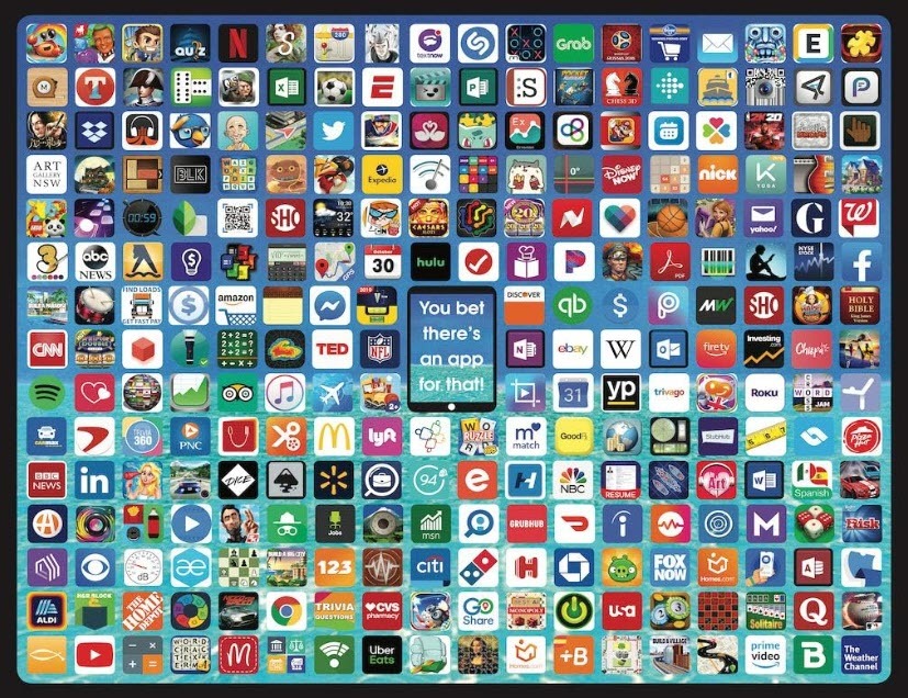 A grid of hundreds of colorful mobile application icons against a sunny, blue tropical beach background.