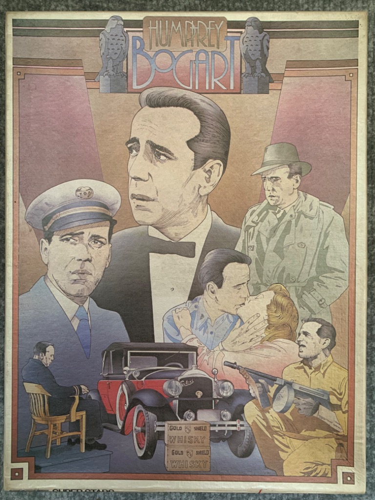 A montage of Humphrey Bogart film roles in a vintage illustrative style.
