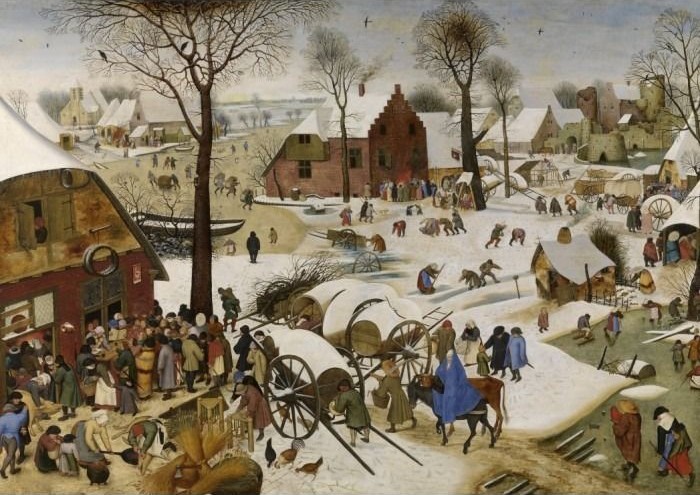 A detailed 16th-century style painting of a crowded winter village scene with figures, snow-covered buildings, and wagons.