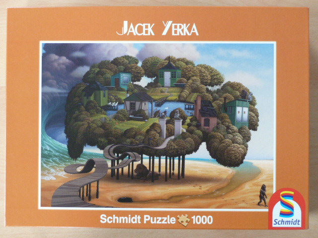 Surreal illustration of a floating island shaped like a turtle, suspended on stilts above a sandy beach.