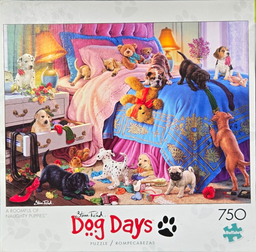 A whimsical illustration of many energetic puppies playing in a messy, cozy bedroom.