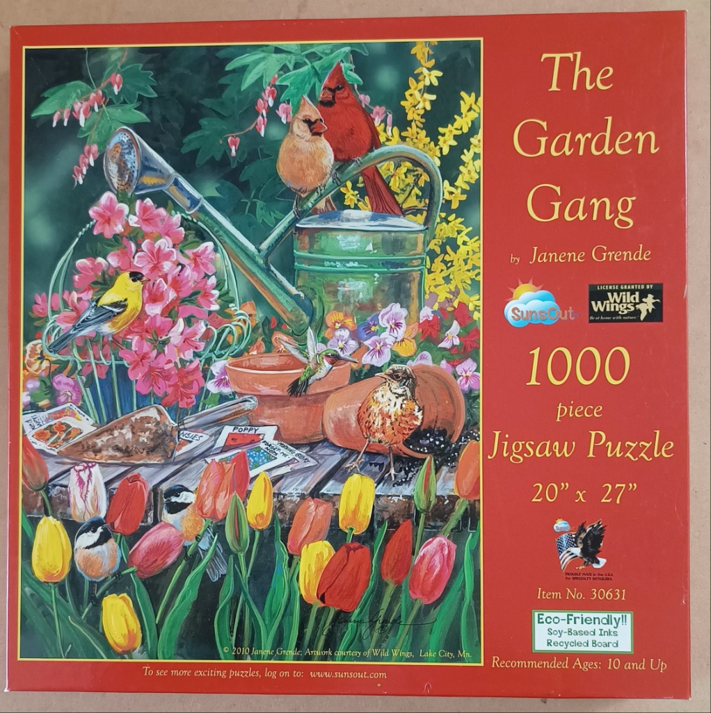 An illustration of various colorful garden birds perched among flowers, gardening tools, and pots.