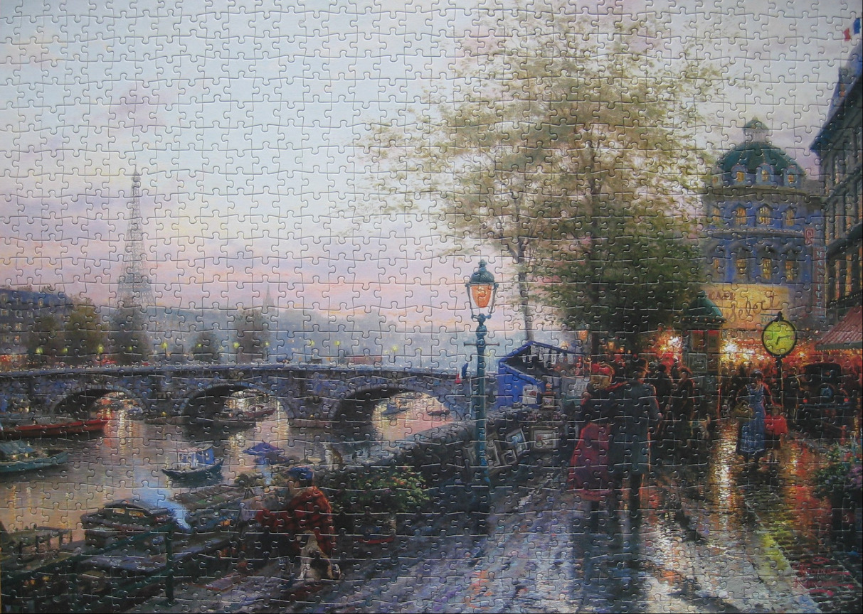 Oil painting of a rainy Parisian evening along the Seine featuring the Eiffel Tower in the distance.