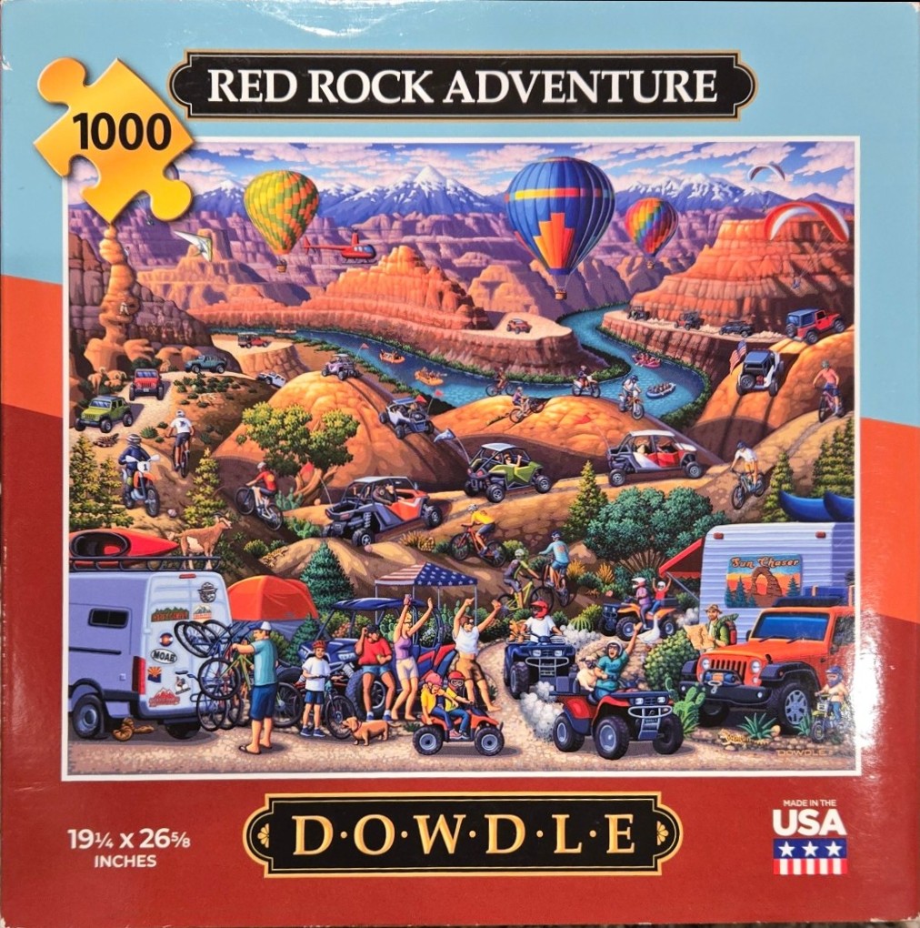 Illustration of people enjoying recreational vehicles and sports in a scenic red rock desert canyon.